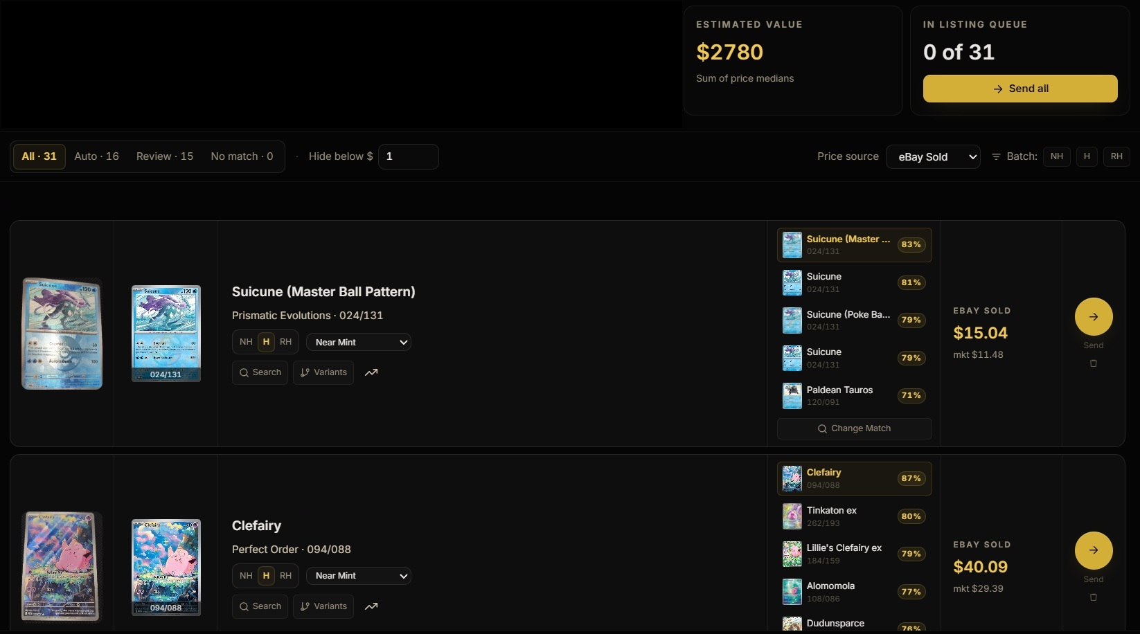 Card Sifter — scanner UI showing identified cards with prices